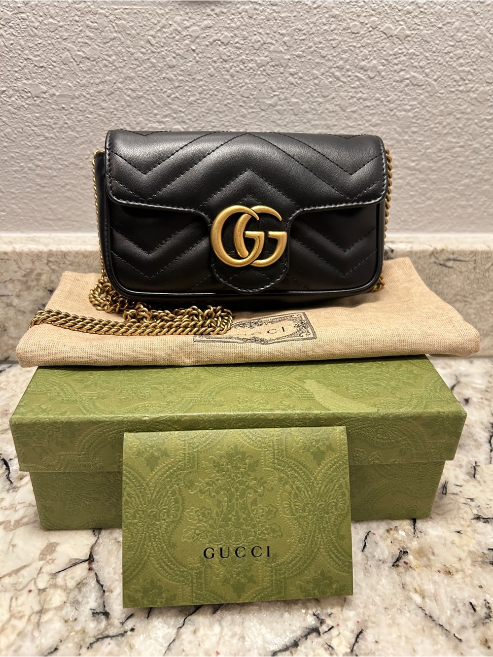 NIB Gucci Calfskin Matelasse Super Mini GG Marmont Shoulder Bag Black, $1550